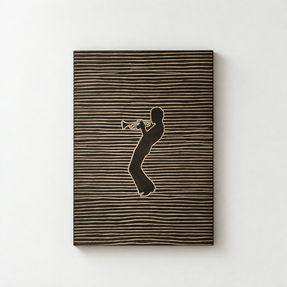 Miles Davis Wood Wall Art: Hand-Carved Jazz Legend — front view on a light grey-white wall with a natural shadow