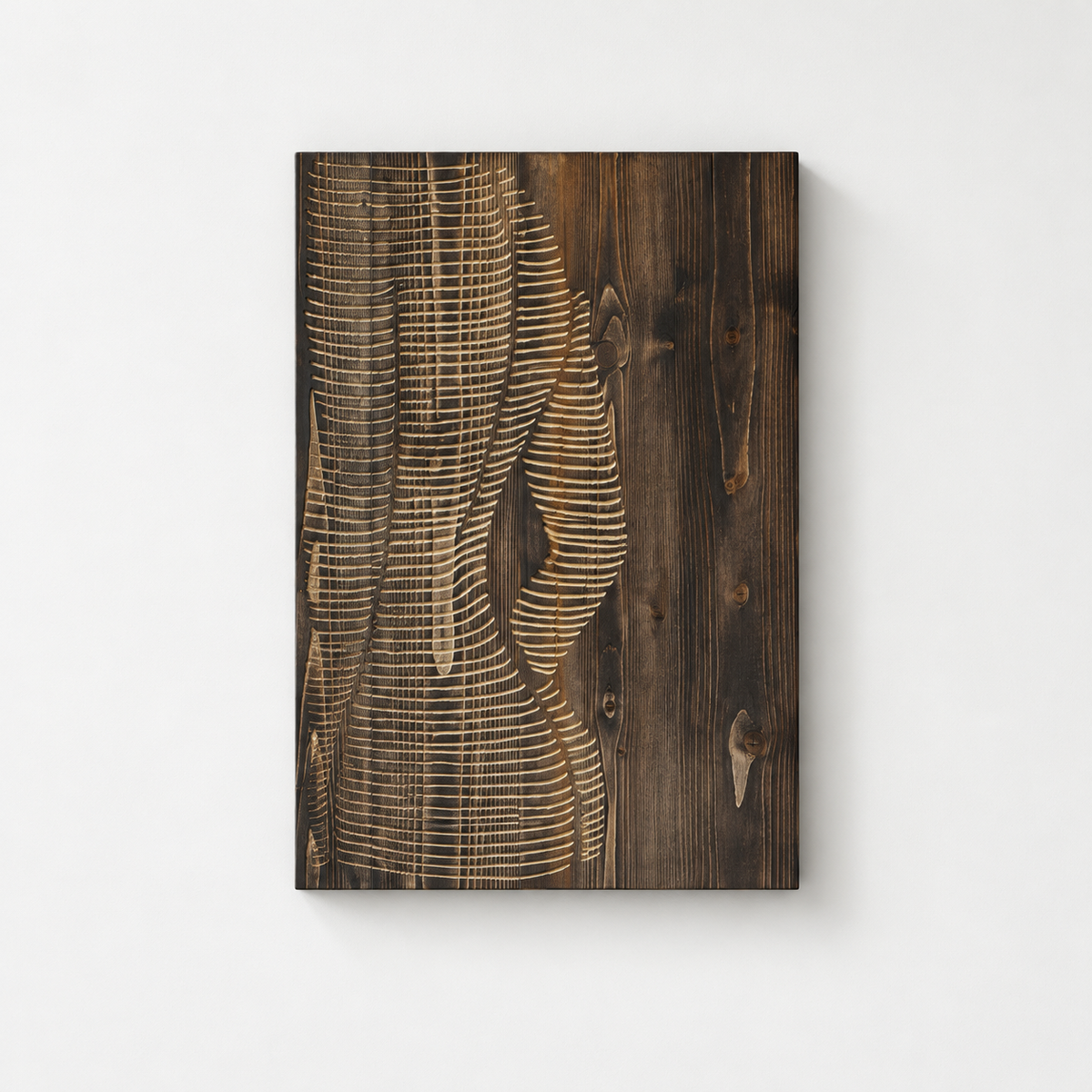 Engraved Wood Wall Art: Minimalist Woman Line Art — front view on a light grey-white wall with a natural shadow
