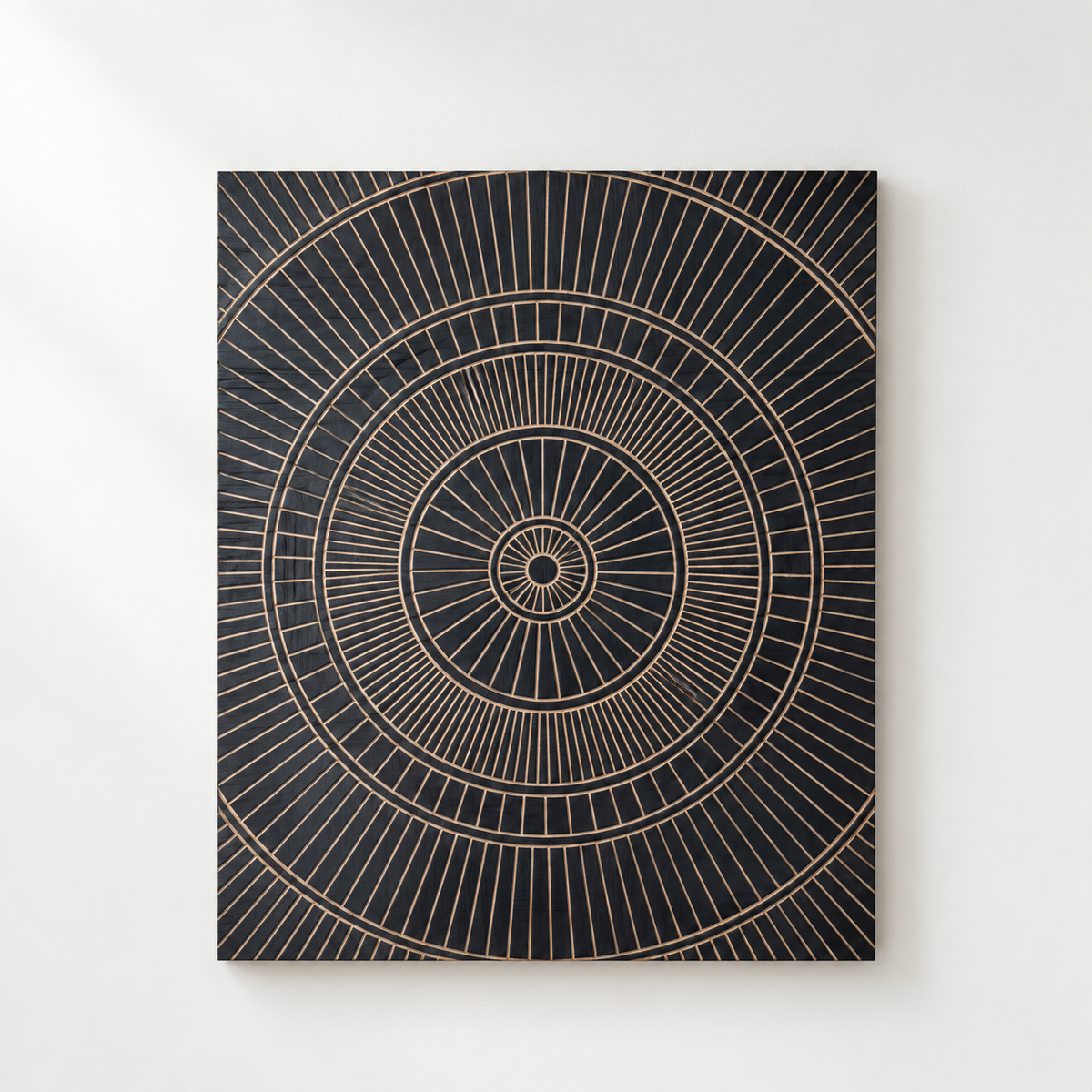 Hand-Carved Wood Wall Art: Geometric Line Art Panel — front view on a light grey-white wall with a natural shadow