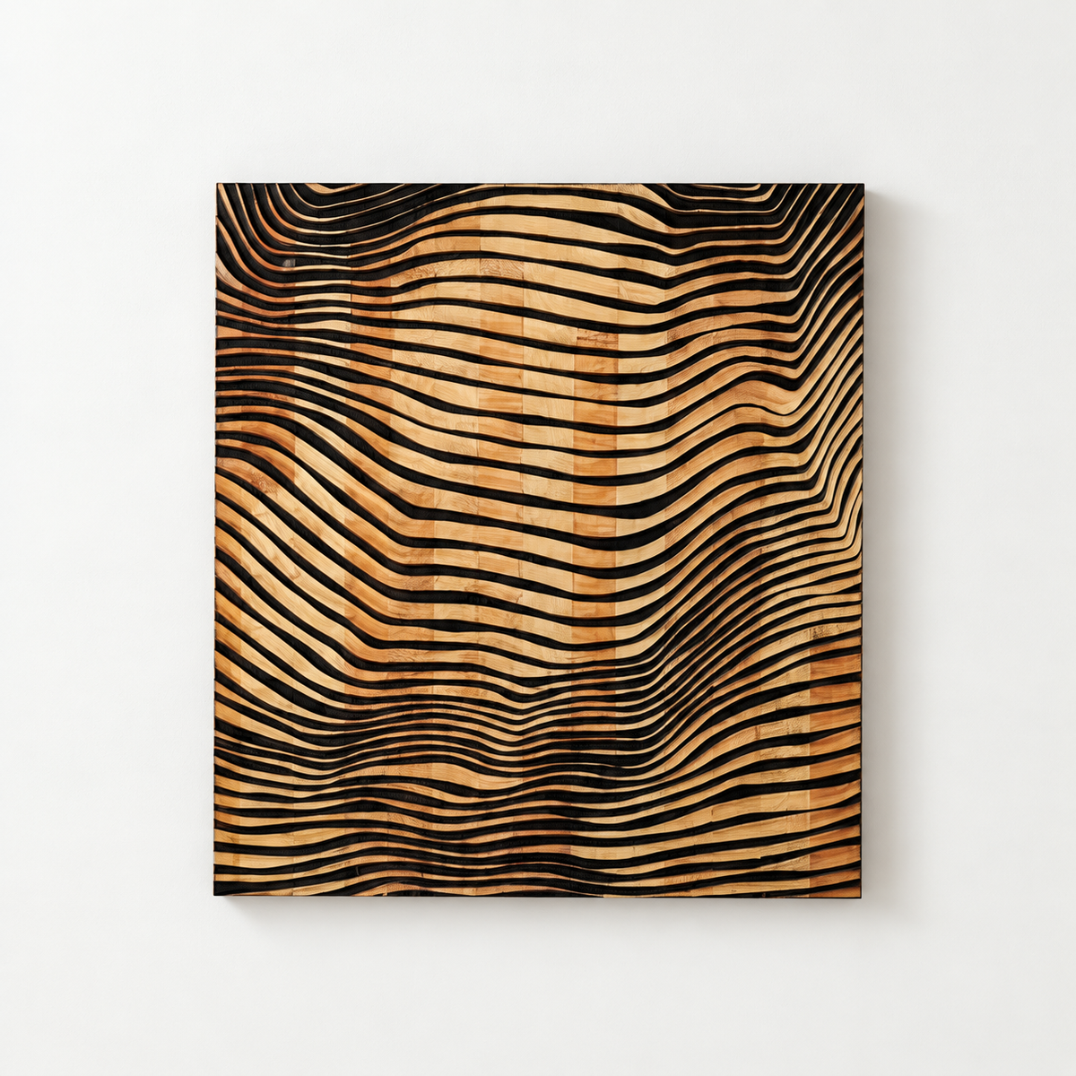 3D Wood Wall Art: Modern Abstract Panel Decor — front view on a light grey wall with a natural shadow
