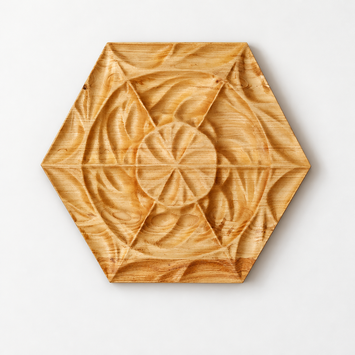 3D Carved Chestnut Wood Wall Art Panel — front view on a light grey-white wall with a natural shadow