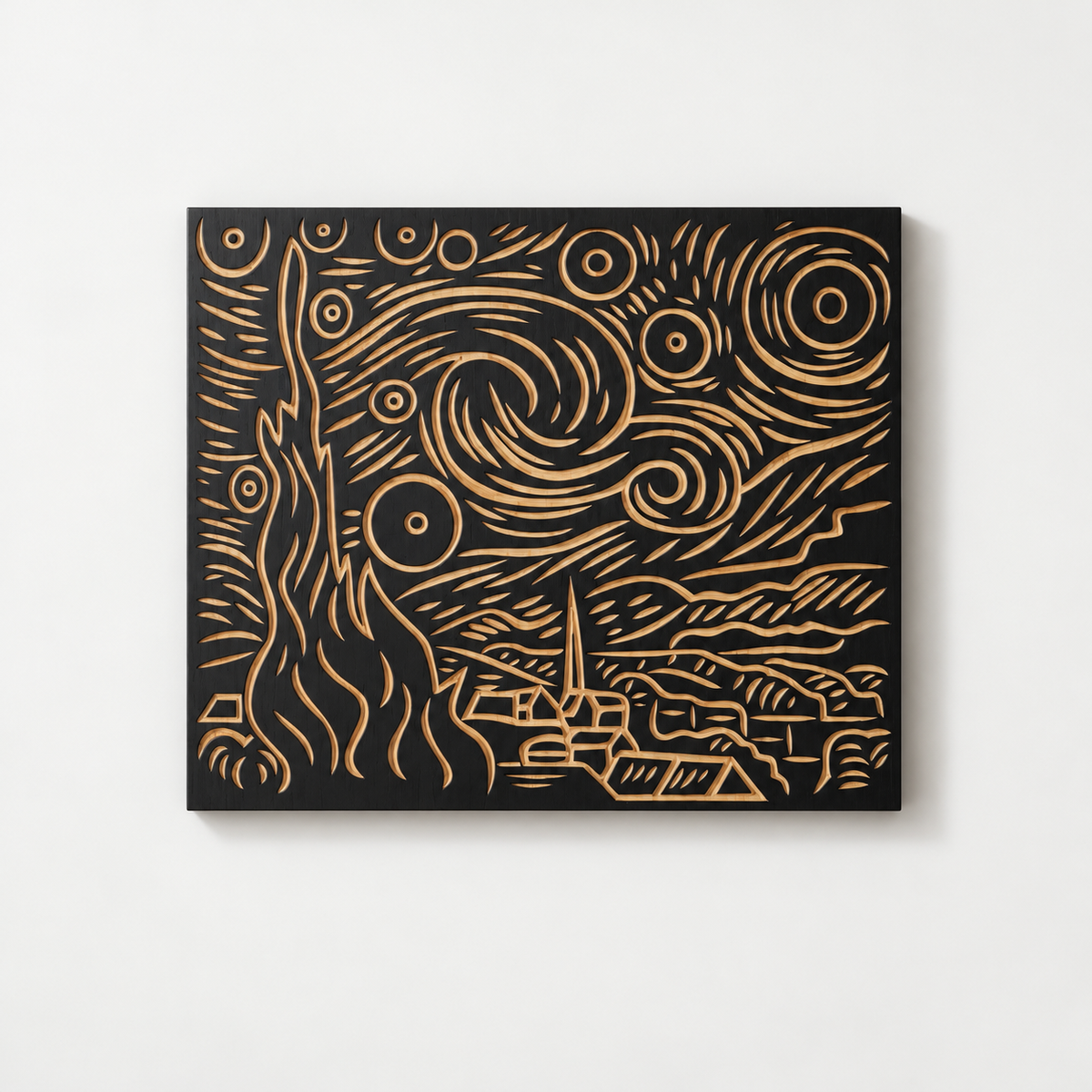 3D Wood Wall Art: Carved Starry Night Decor — front view on a light grey wall with a natural shadow