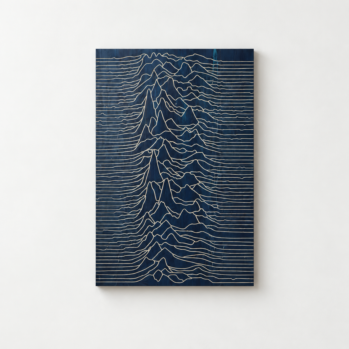 Wood Wall Art, Joy Division Album Cover, Wall Panel, Music Gift — front view on a light grey wall with a natural shadow