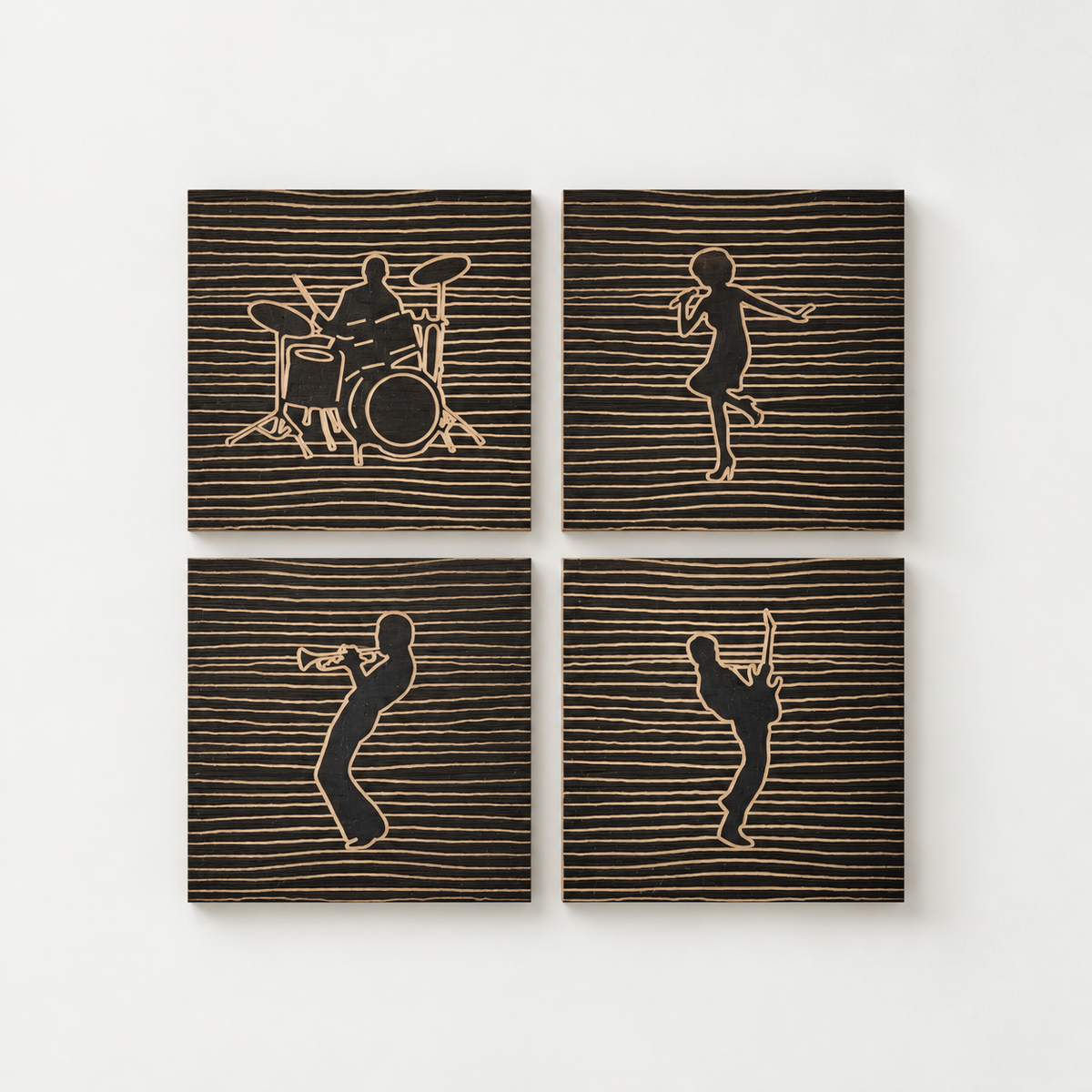 Music Band Line Art - 4 Piece Hand Carved Wood Wall Decor — front view on a light grey-white wall with a natural shadow