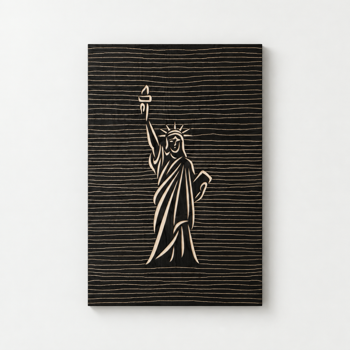 Wooden Statue of Liberty Decor – 3D Line Art Engraving - Wood Wall Hanging Decor — front view on a light grey-white wall with a natural shadow