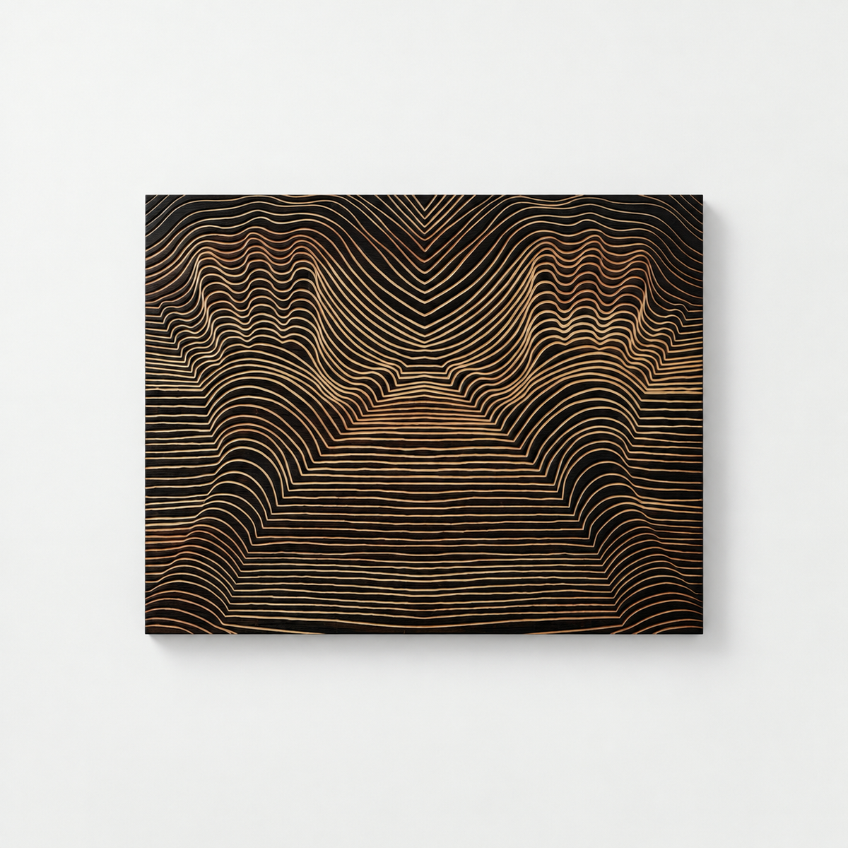 3D Carved Wood Wall Panel: Rustic Modern Line Art — front view on a light grey-white wall with a natural shadow