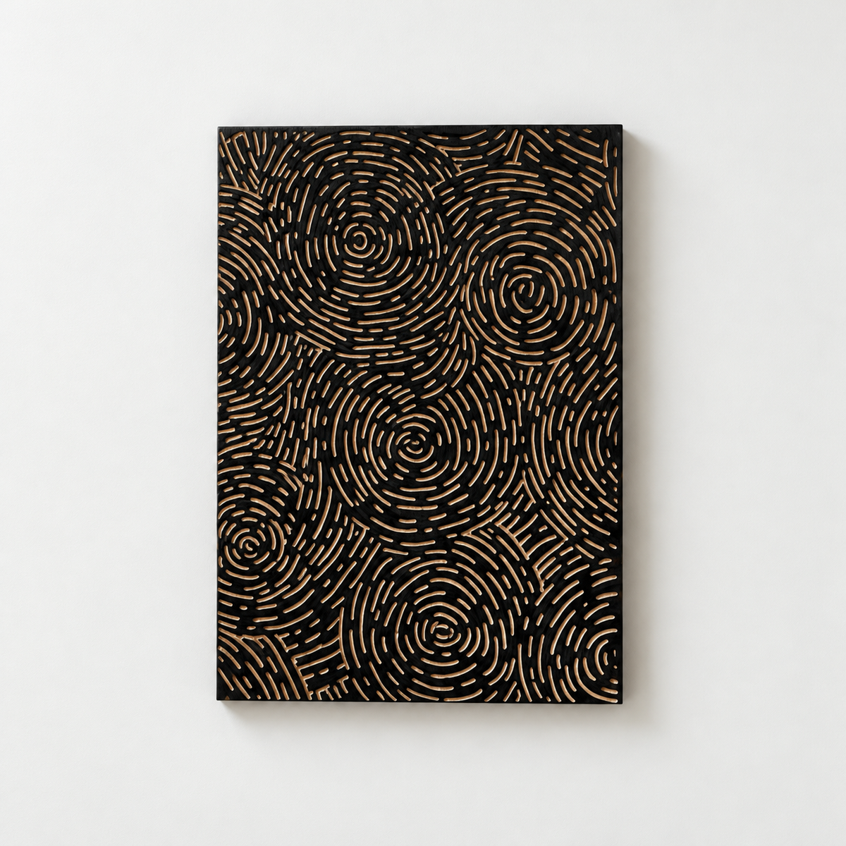 3D Wood Vortex Wall Art: Hand-Carved Line Art Panel — front view on a light grey-white wall with a natural shadow
