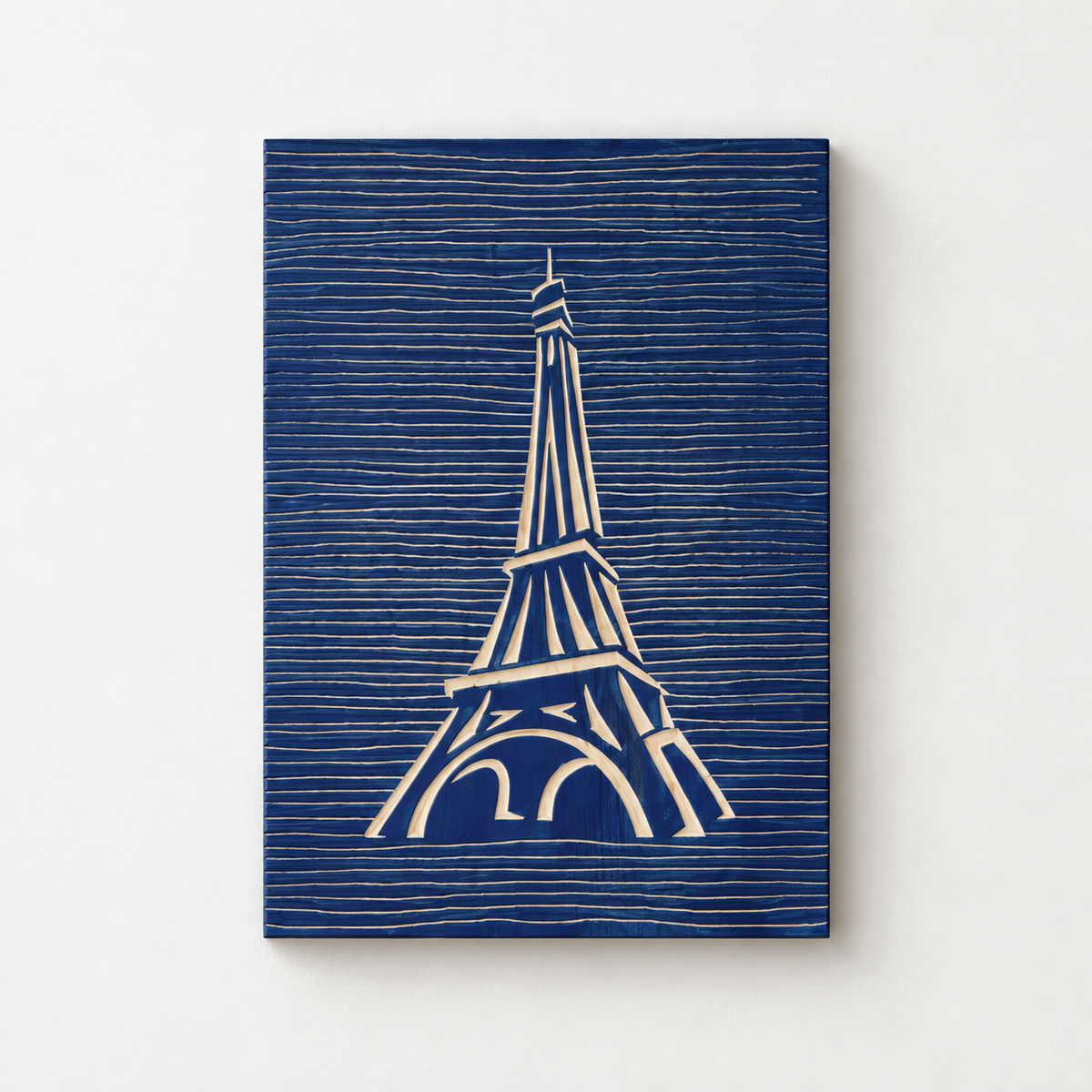3D Wooden Eiffel Tower Wall Art: Hand-Carved Paris Decor — front view on a light grey-white wall with a natural shadow