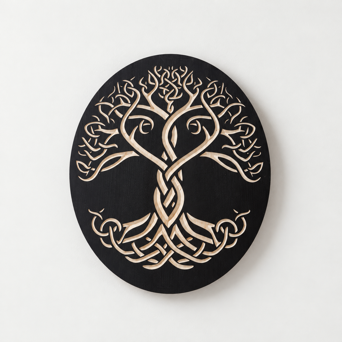 Celtic Knot Tree of Life Wood Wall Art: Engraved Yggdrasil Decor — front view on a light grey-white wall with a natural shadow