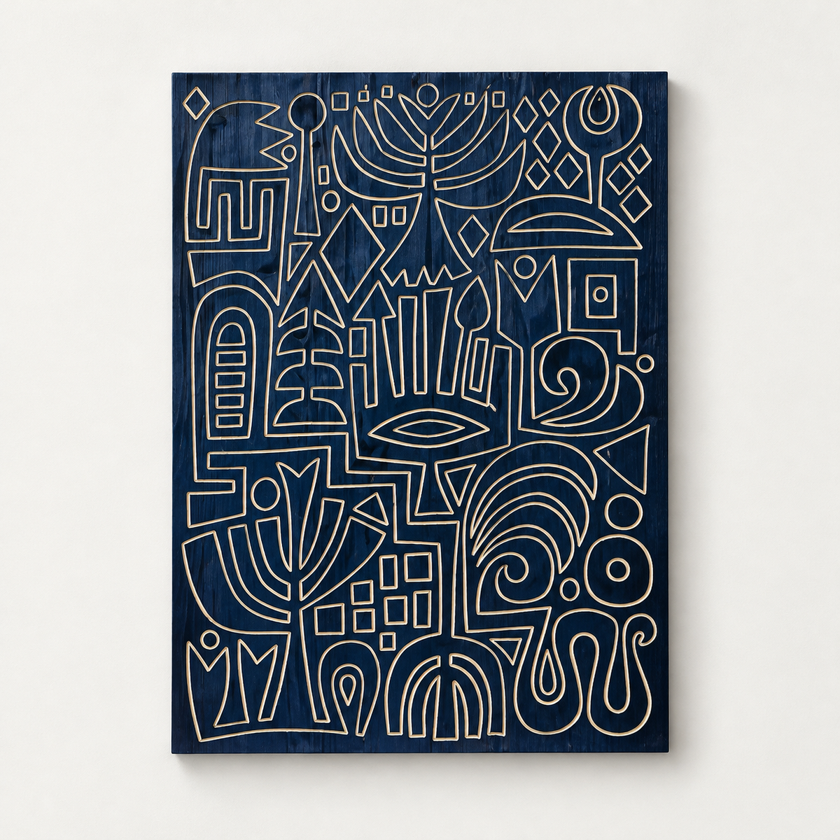 Minimalist Wooden Wall Art, Carved Wall Decor, Fangorn — front view on a light grey-white wall with a natural shadow