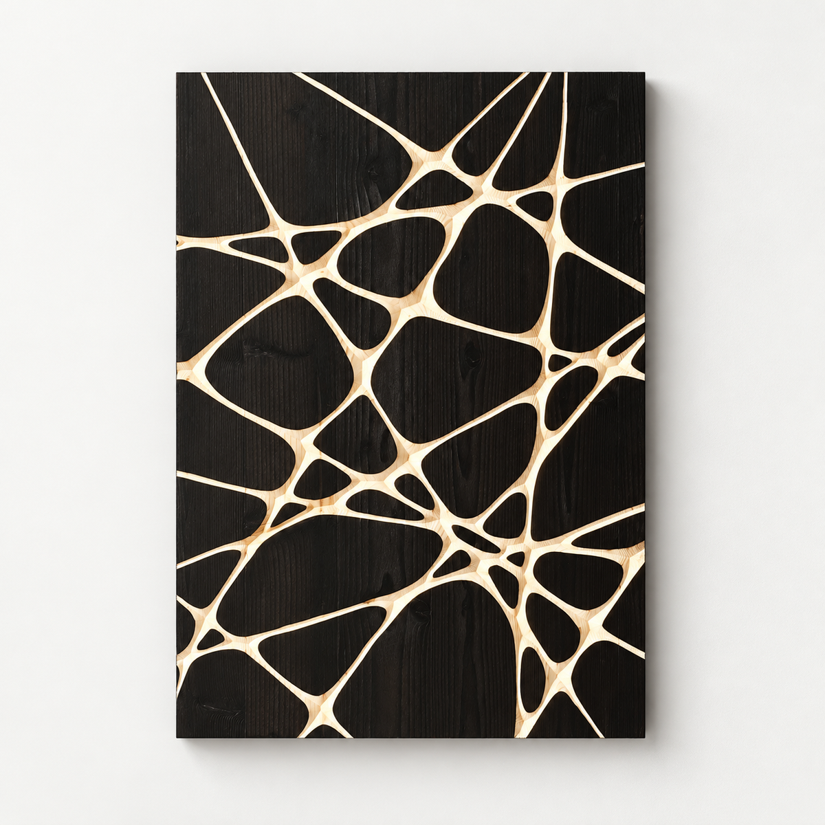 Interlink, 3d Carved Wooden Wall Art, Minimalist Wall Decor — front view on a light grey-white wall with a natural shadow