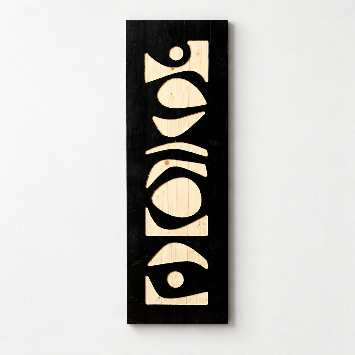 Carved Wood Wall Hanging, Wall Decor, Hotel Wall Decor, Hallway Wall Decor — front view on a light grey-white wall with a natural shadow