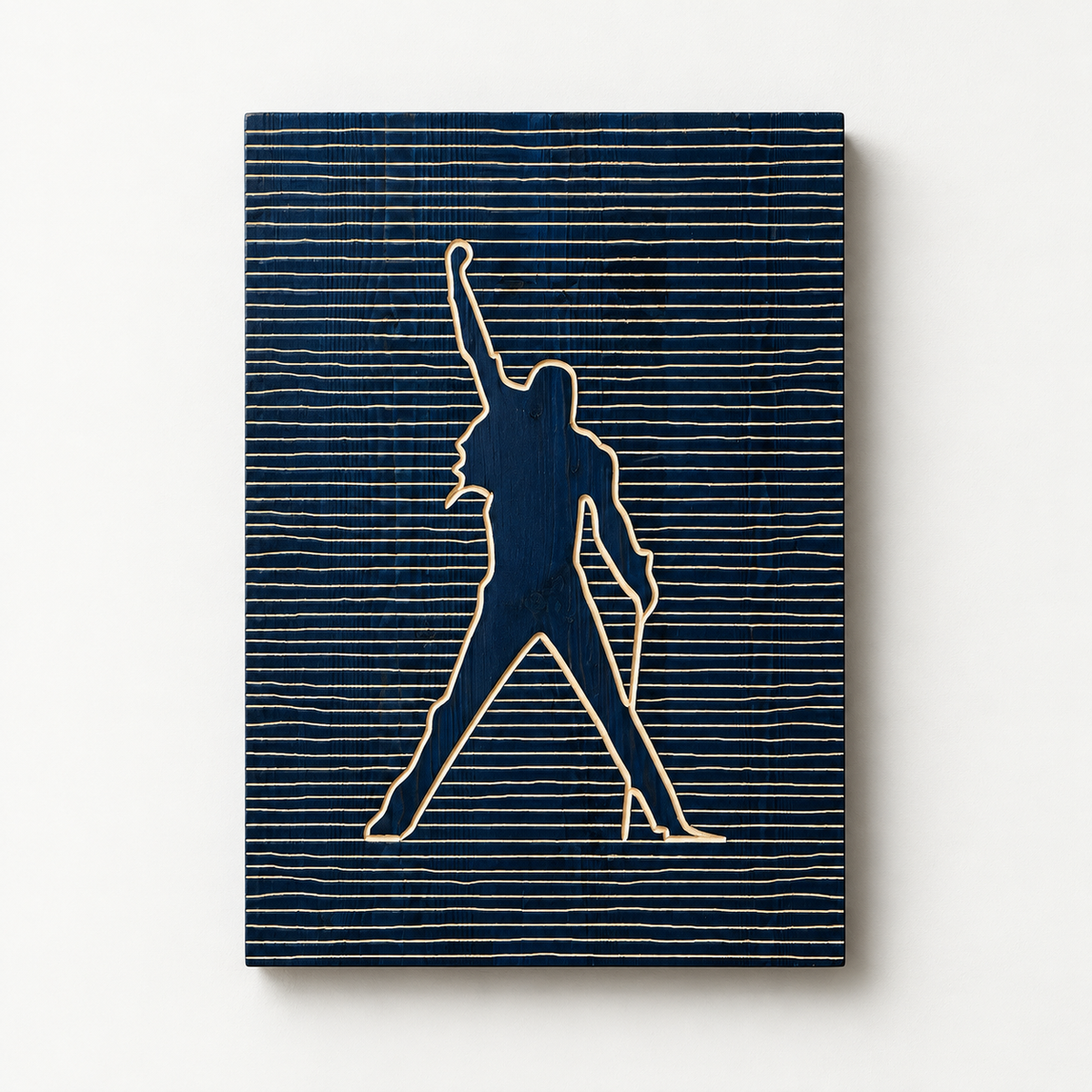 Quenn, Freddie Mercury, Minimalist Line Art Wooden Carved Wall Hanging — front view on a light grey-white wall with a natural shadow