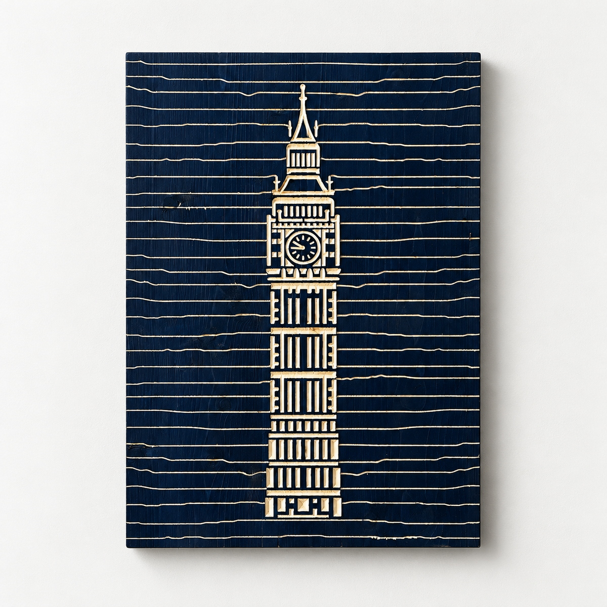 Big Ben, 3d Carved Minimalist Wooden Wall Decor — front view on a light grey-white wall with a natural shadow