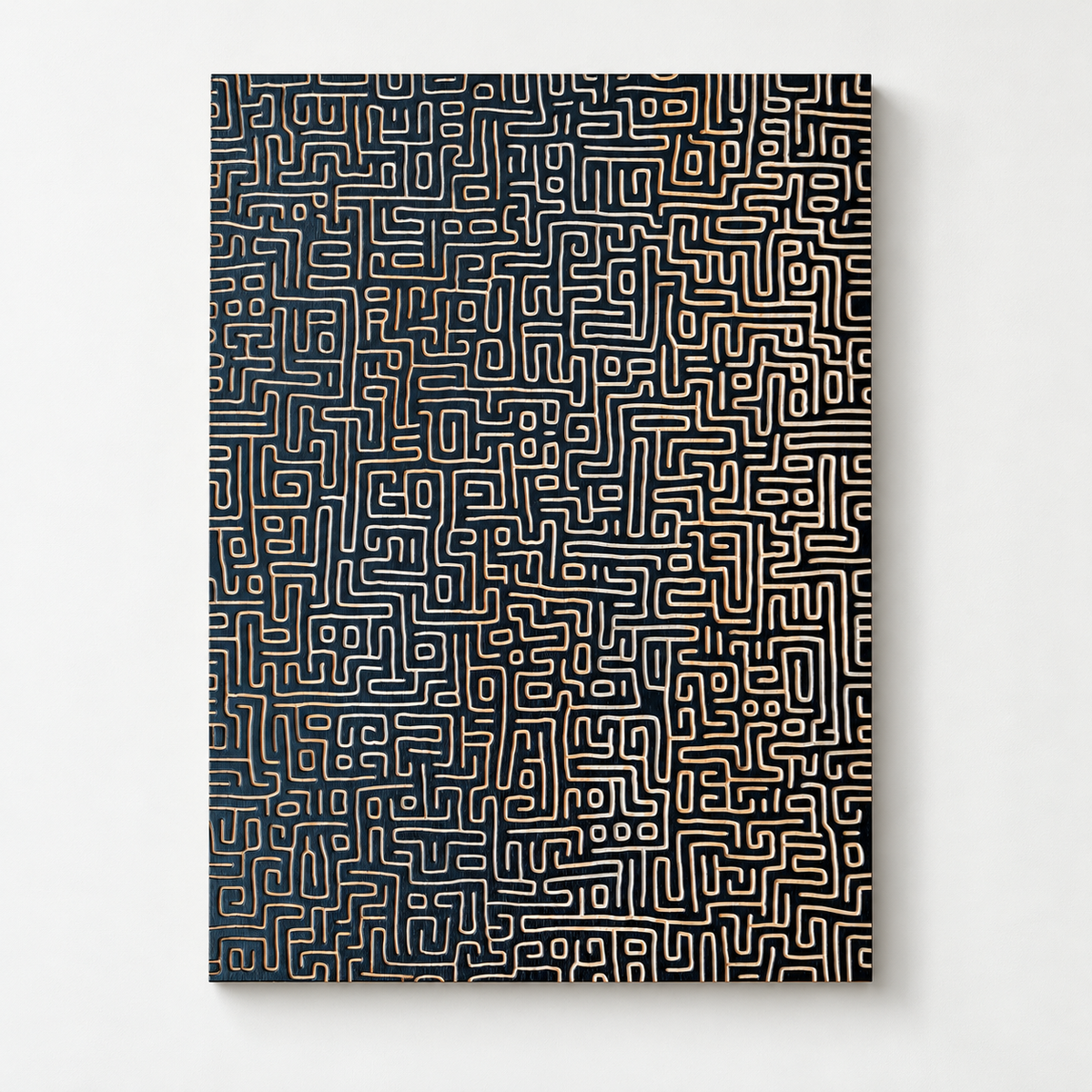 Maze, Wooden CNC Carved Wall Art, Wood Wall Decor, Minimalist Wall Art — front view on a light grey-white wall with a natural shadow
