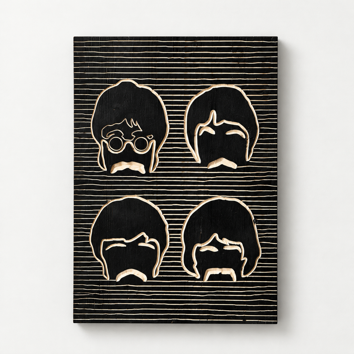 The Beatles 3d Carved Wood Wall Art, Music Wall Decor — front view on a light grey-white wall with a natural shadow