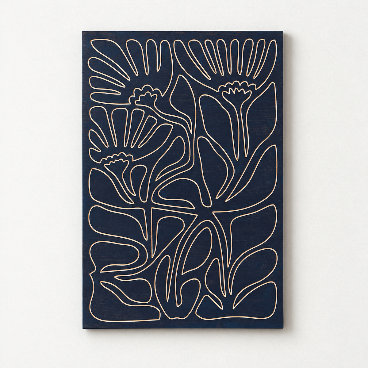 Minimalist Wooden Line Art, Wooden Wall Decor — front view on a light grey-white wall with a natural shadow