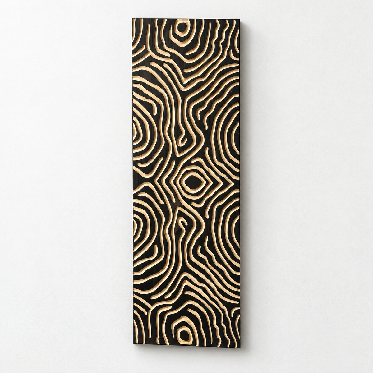 3d Carved Abstract Wooden Wall Art — front view on a light grey-white wall with a natural shadow