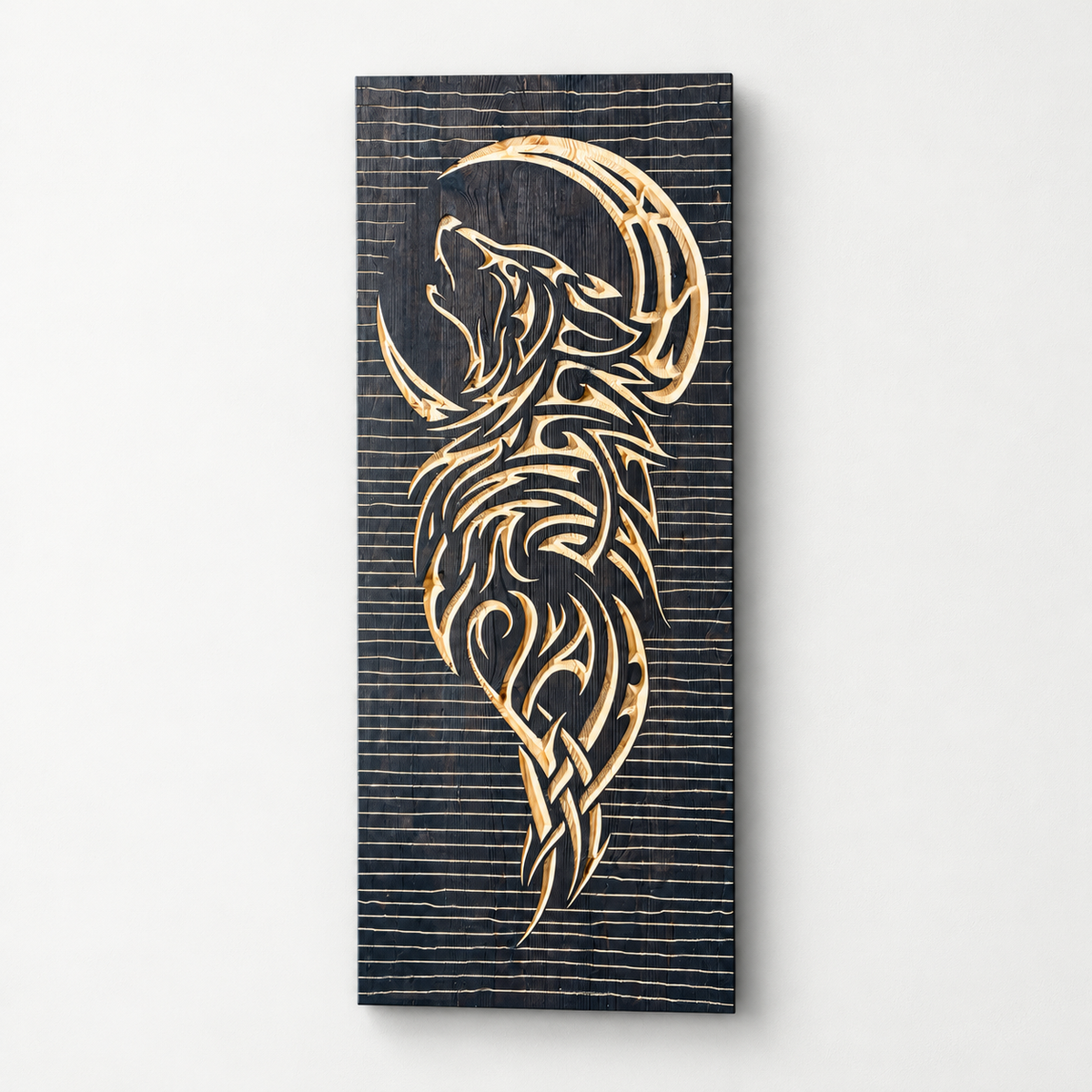 3d Carved Wolf and Moon Wooden Wall Hanging, Wood Wall Art — front view on a light grey-white wall with a natural shadow