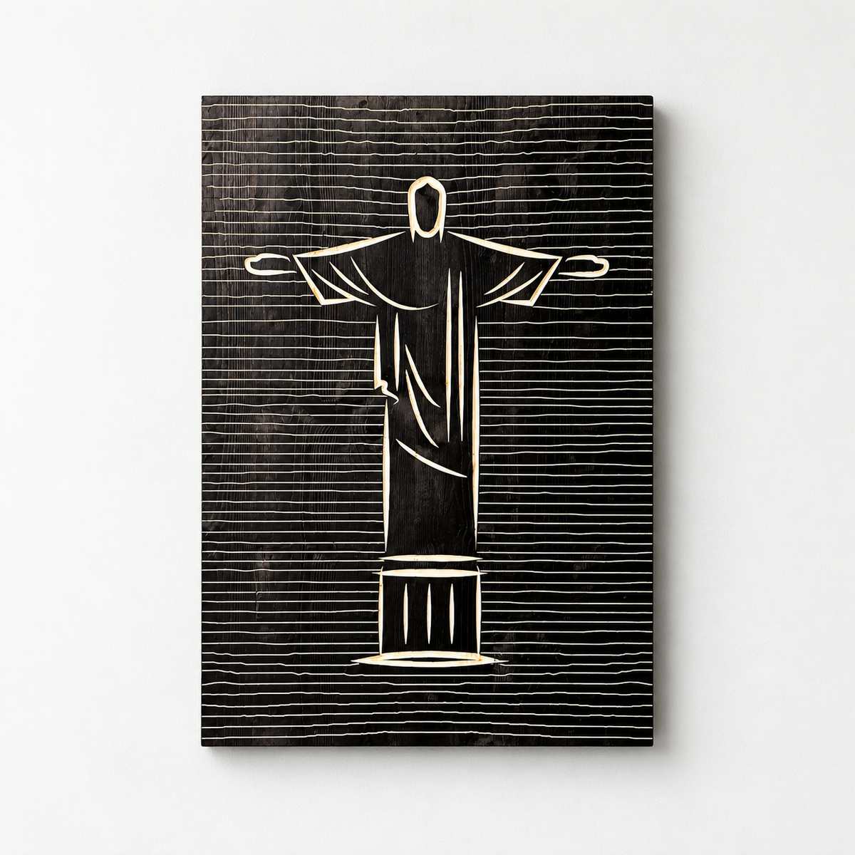 Cristo Redentor, Wood Wall Art, Wood Wall Decor, Jesus, Jesus Christ, Rio De Janerio, Christ The Redeemer — front view on a light grey-white wall with a natural shadow