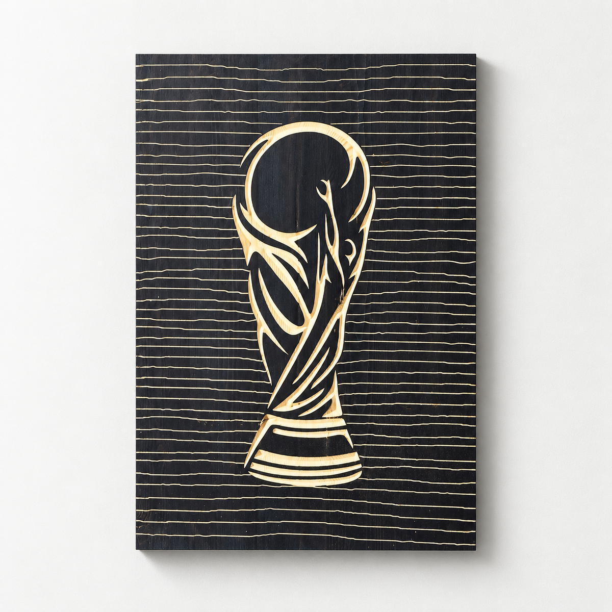 Carved Wooden World Cup Trophy Wall Decor — front view on a light grey-white wall with a natural shadow