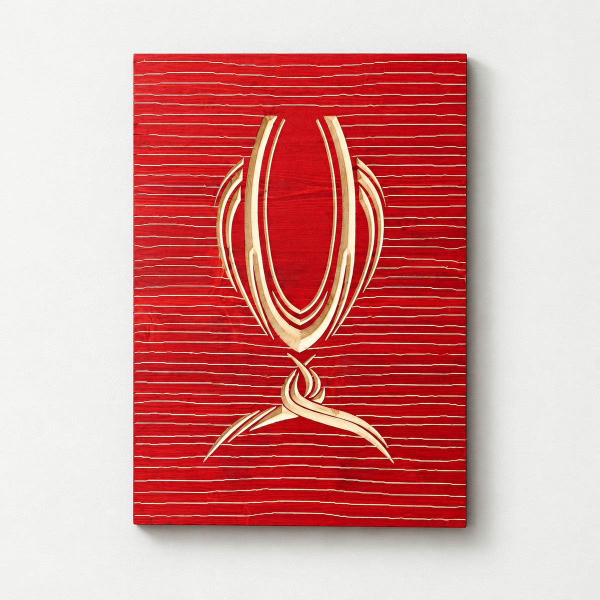 3d Carved Wooden UEFA Super Cup Trophy — front view on a light grey-white wall with a natural shadow