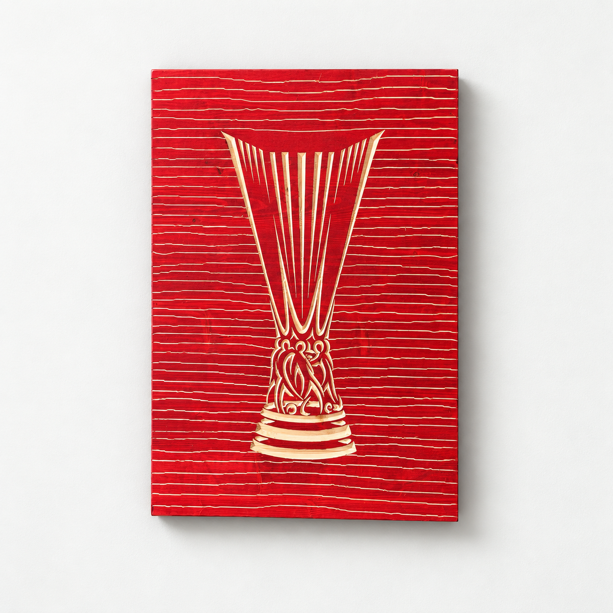 3d Carved Wooden Europa League Trophy — front view on a light grey-white wall with a natural shadow