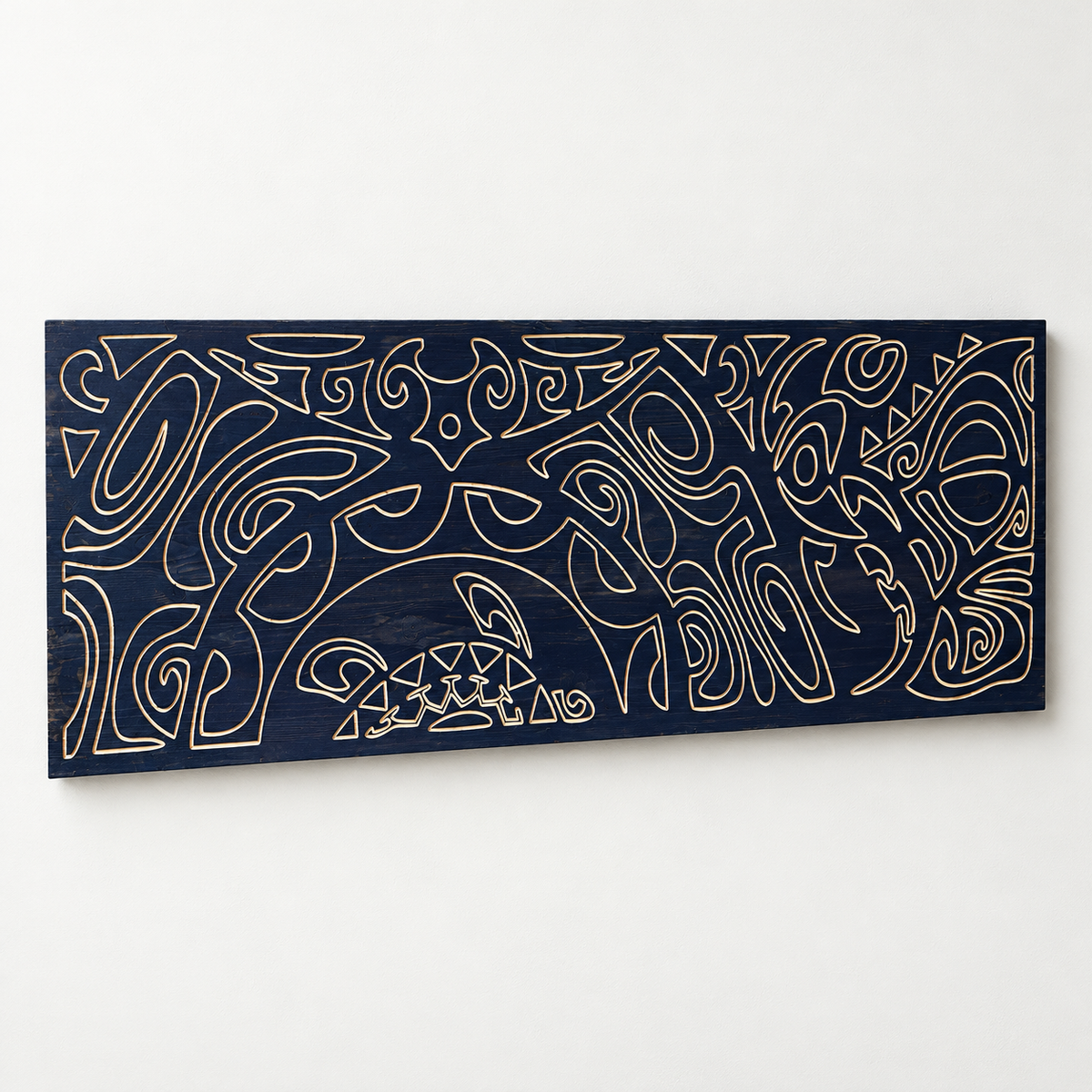 Carved Wall Art on Laminated Real Wood, Wall Decor, Wall Hanging, Line Art, Caretta Tortuga — front view on a light grey-white wall with a natural shadow