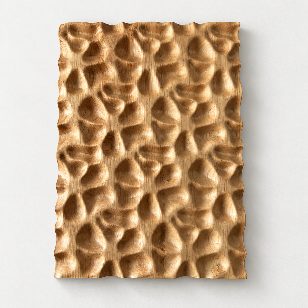 FIORE Organic Wave Textured Wood Panel – Hand-Carved 3D Wall Art — front view on a light grey-white wall with a natural shadow