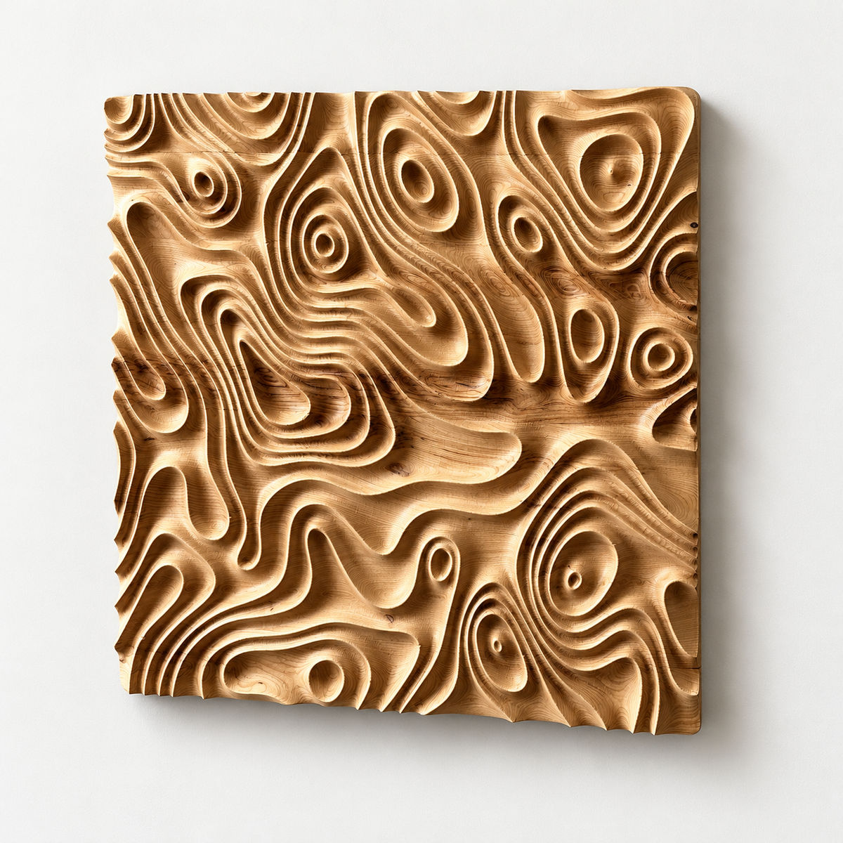 Abstract Design 3d Carved Solid Chesnut Wood Wall Art — front view on a light grey-white wall with a natural shadow