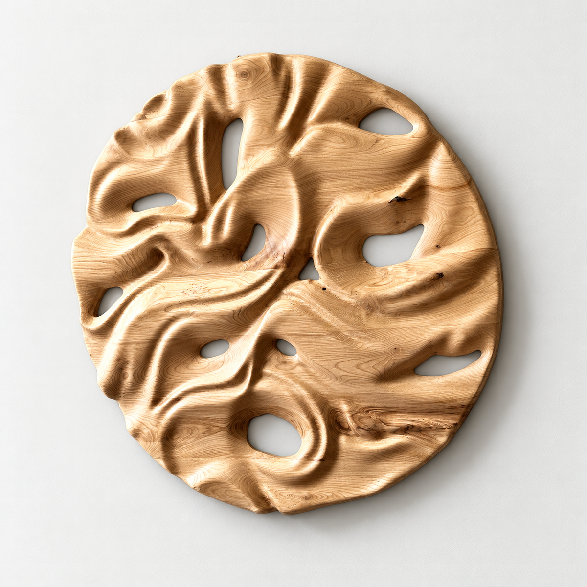 3d Carved Solid Chesnut Wood Abstract Wall Hanging — front view on a light grey-white wall with a natural shadow