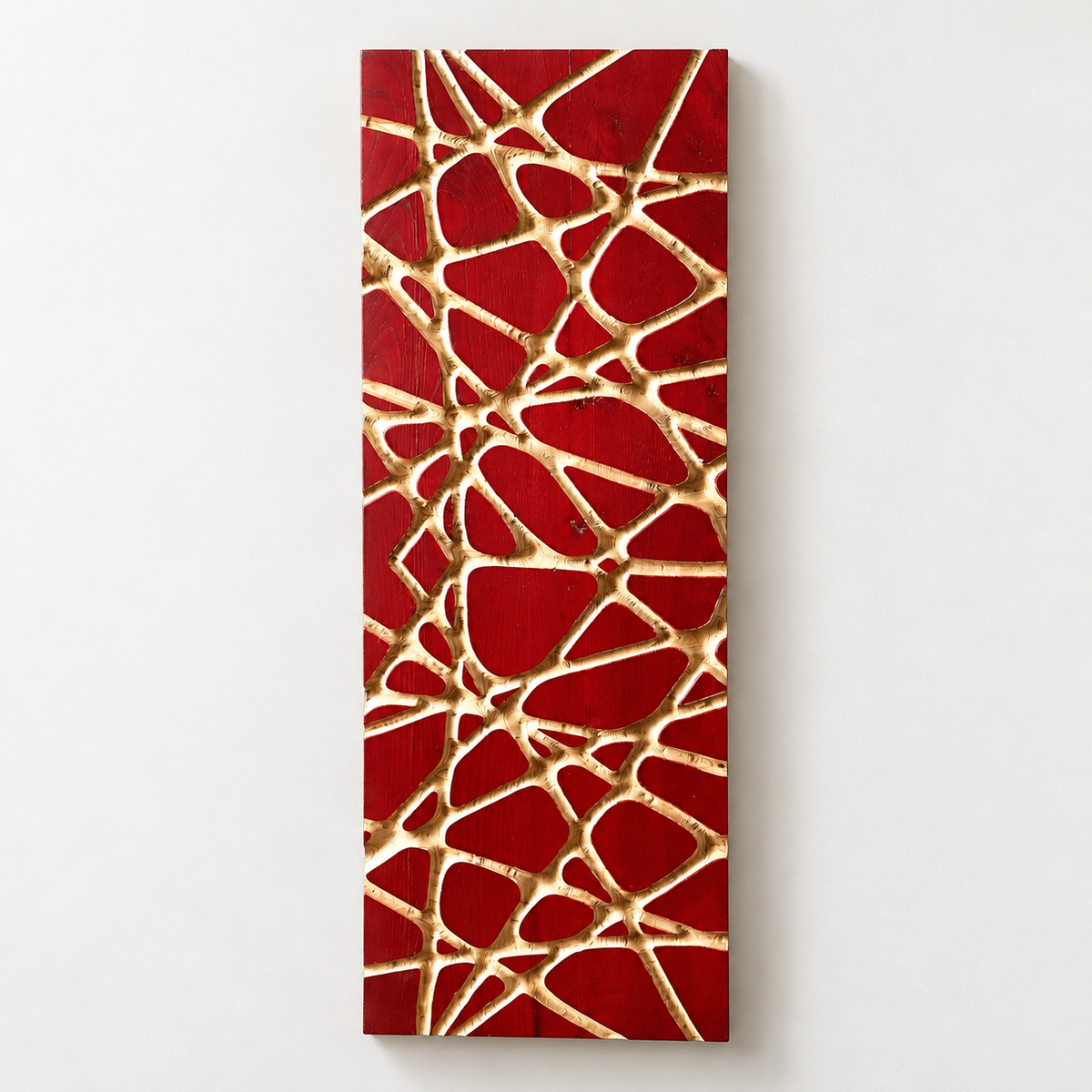 3d Carved Solid Chesnut Wood Abstract Modern Wall Art — front view on a light grey-white wall with a natural shadow