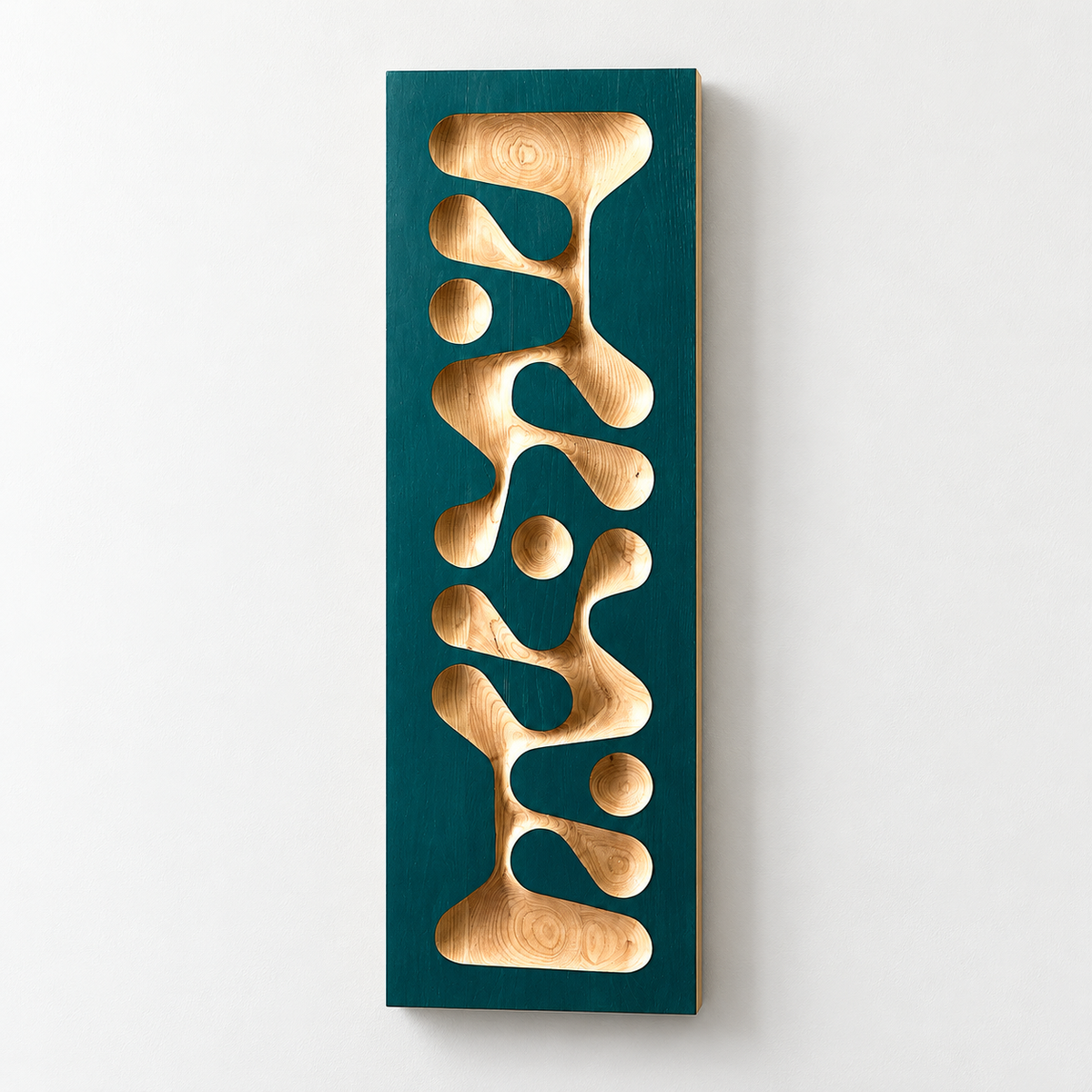 3d Carved Solid Chesnut Wood Modern Wall Art — front view on a light grey-white wall with a natural shadow