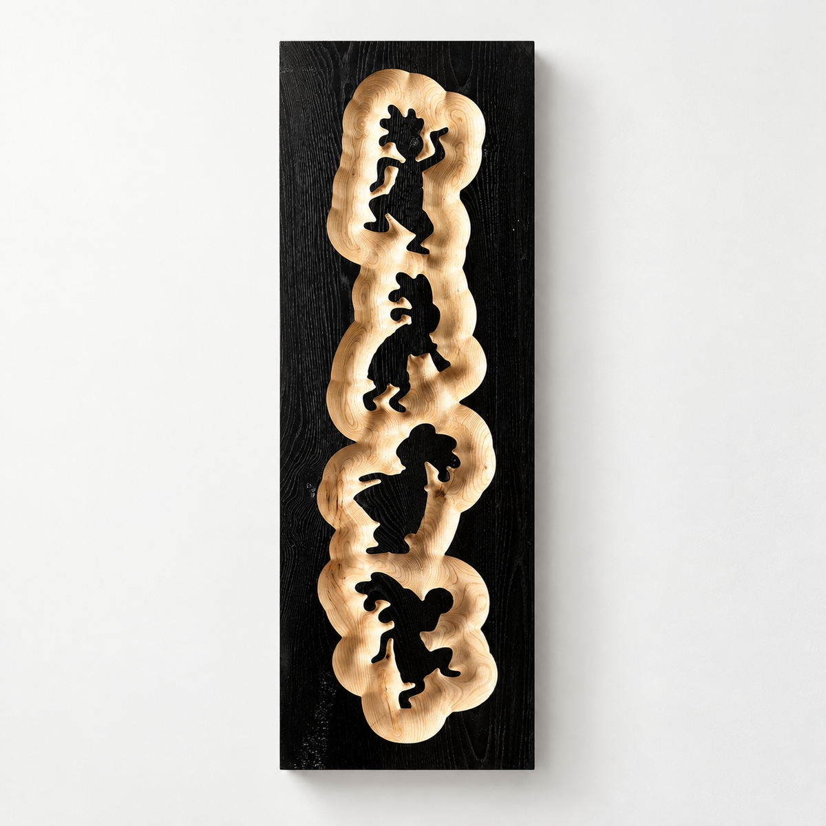3d Carved African Music Band Solid Chesnut Wood Wall Art — front view on a light grey-white wall with a natural shadow