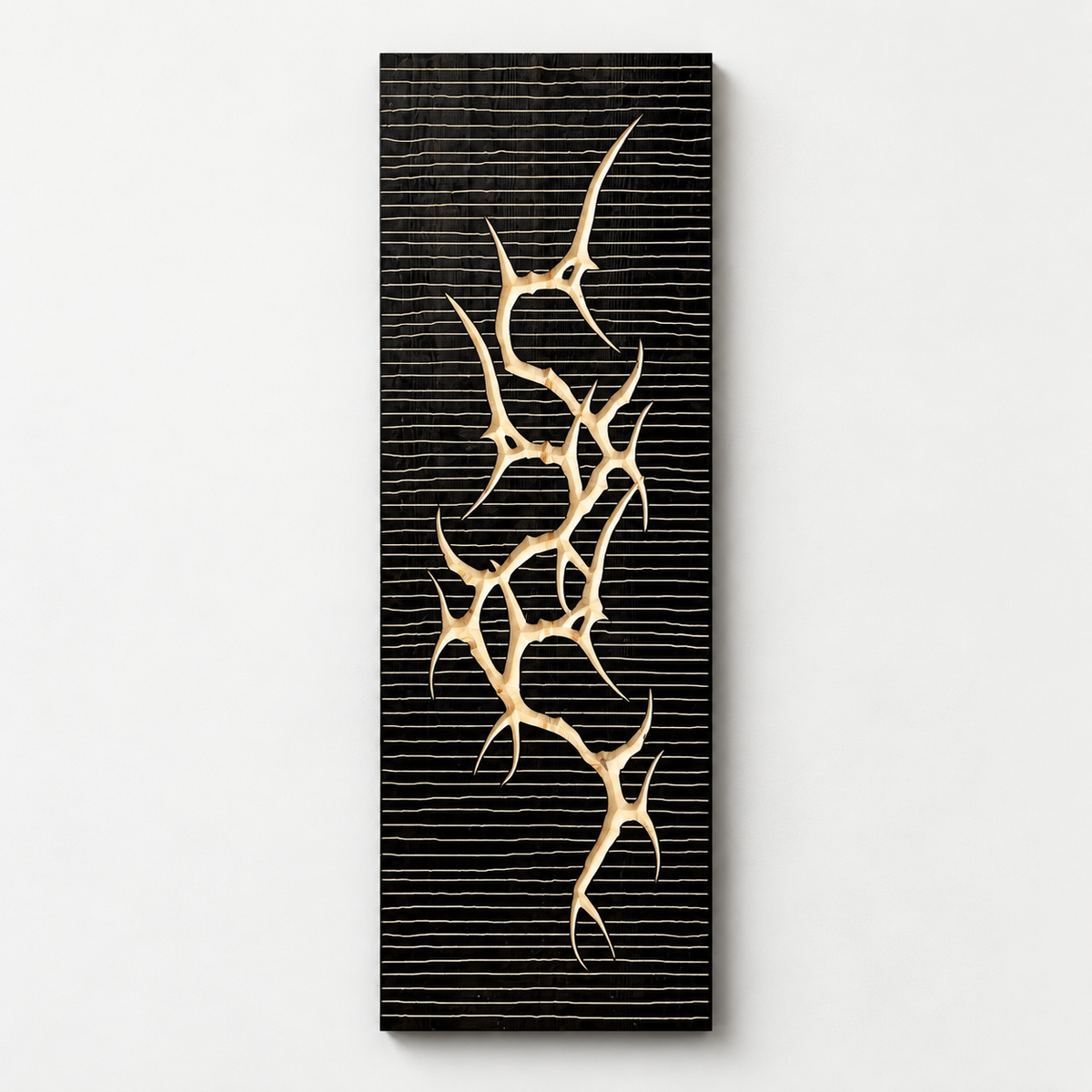 Fracture, 3d Carved Wooden Wall Art, Wall Hanging — front view on a light grey-white wall with a natural shadow
