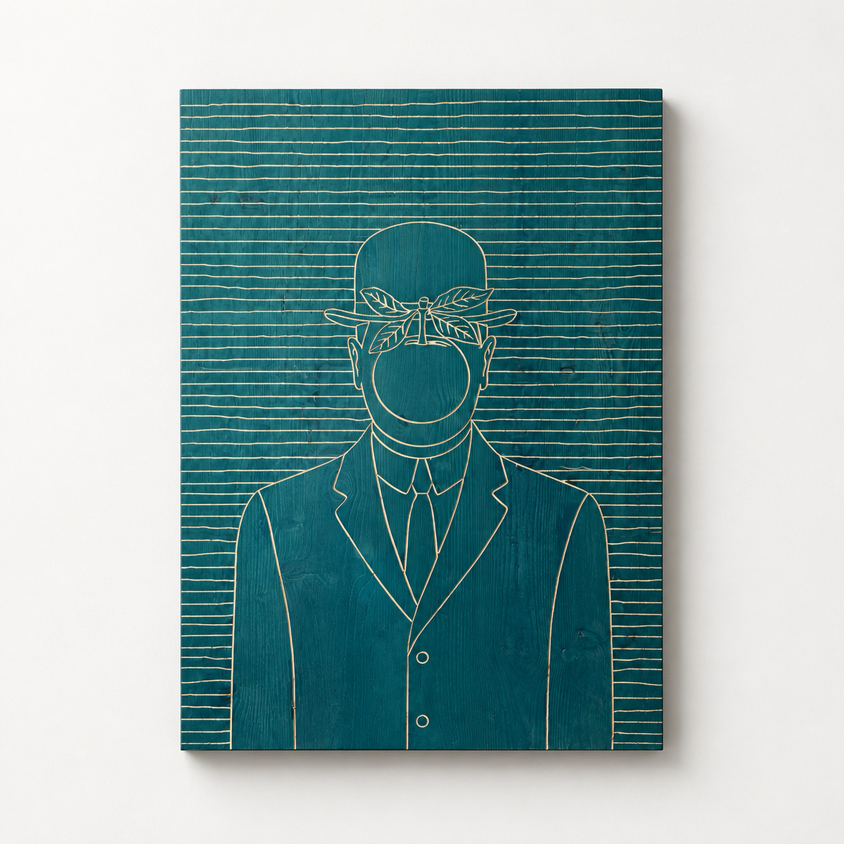 The Son of Man, Wooden Wall Art – CNC Carved Panel, Hand-Oiled Wood Artwork, Minimalist Surreal Decor — front view on a light grey-white wall with a natural shadow