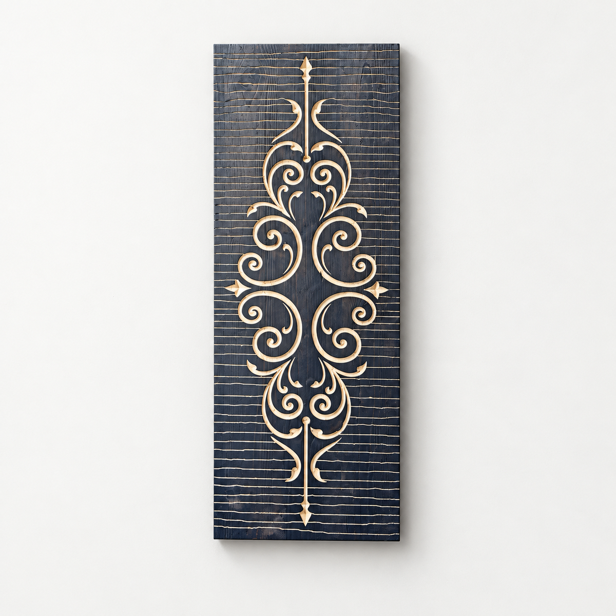 Regalia Wooden Wall Art, Hand Carved Wall Decor, Navy Blue Wood Panel, Modern Rustic Wall Hanging, Ornamental Wood Art, Gift for Home — front view on a light grey-white wall with a natural shadow