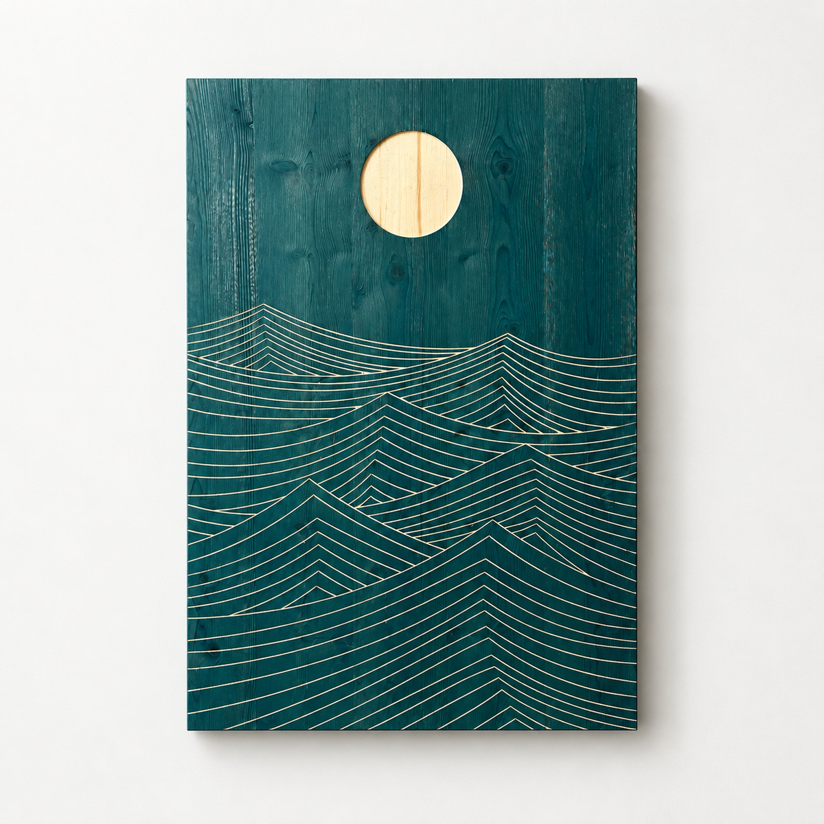 Minimalist Ocean Line Art Wood Wall Decor – CNC Carved Natural Wood Panel with Moon Design – Modern Coastal Wall Art — front view on a light grey-white wall with a natural shadow