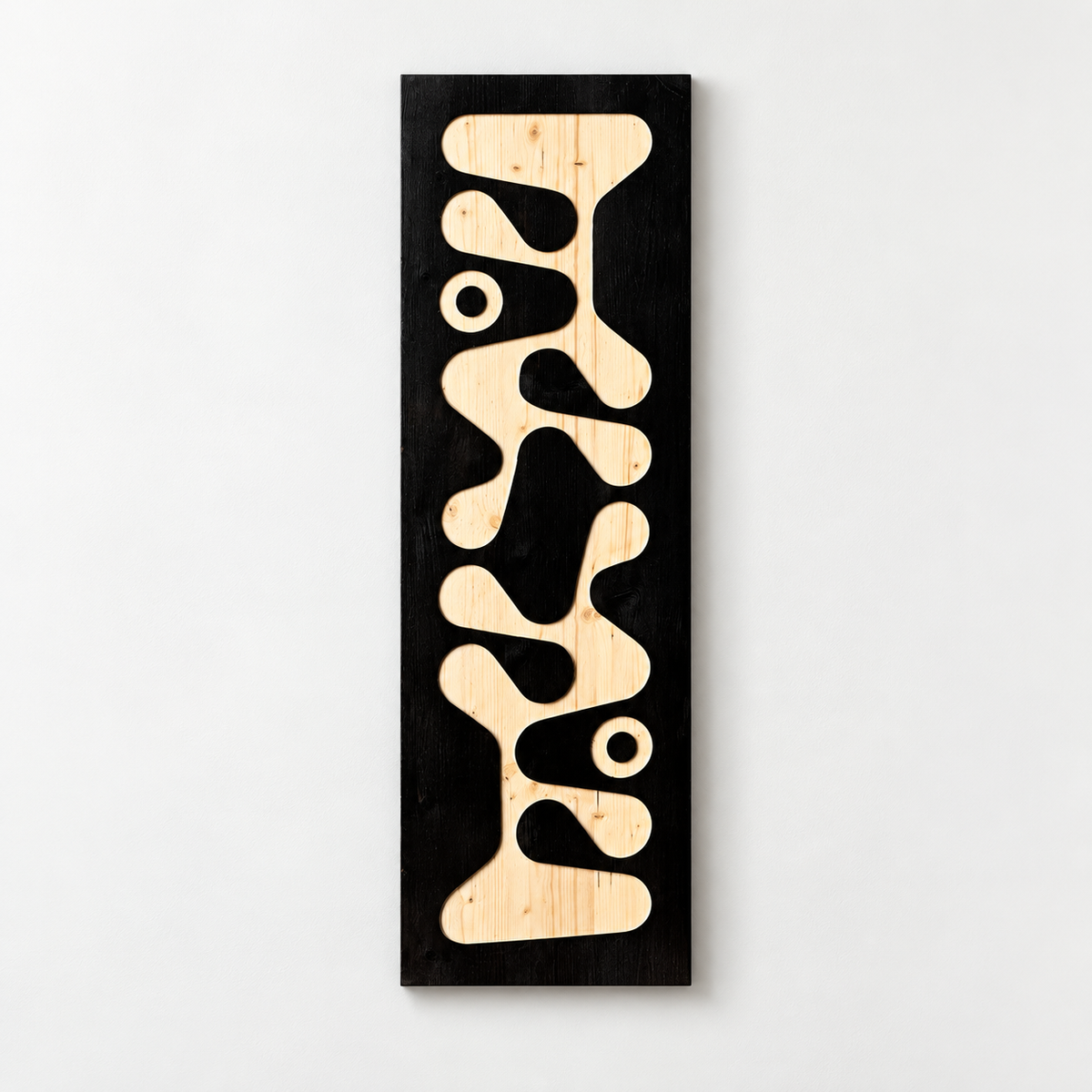 3D Carved Wood Wall Art, Modern Abstract Hanging Decoration — front view on a light grey-white wall with a natural shadow